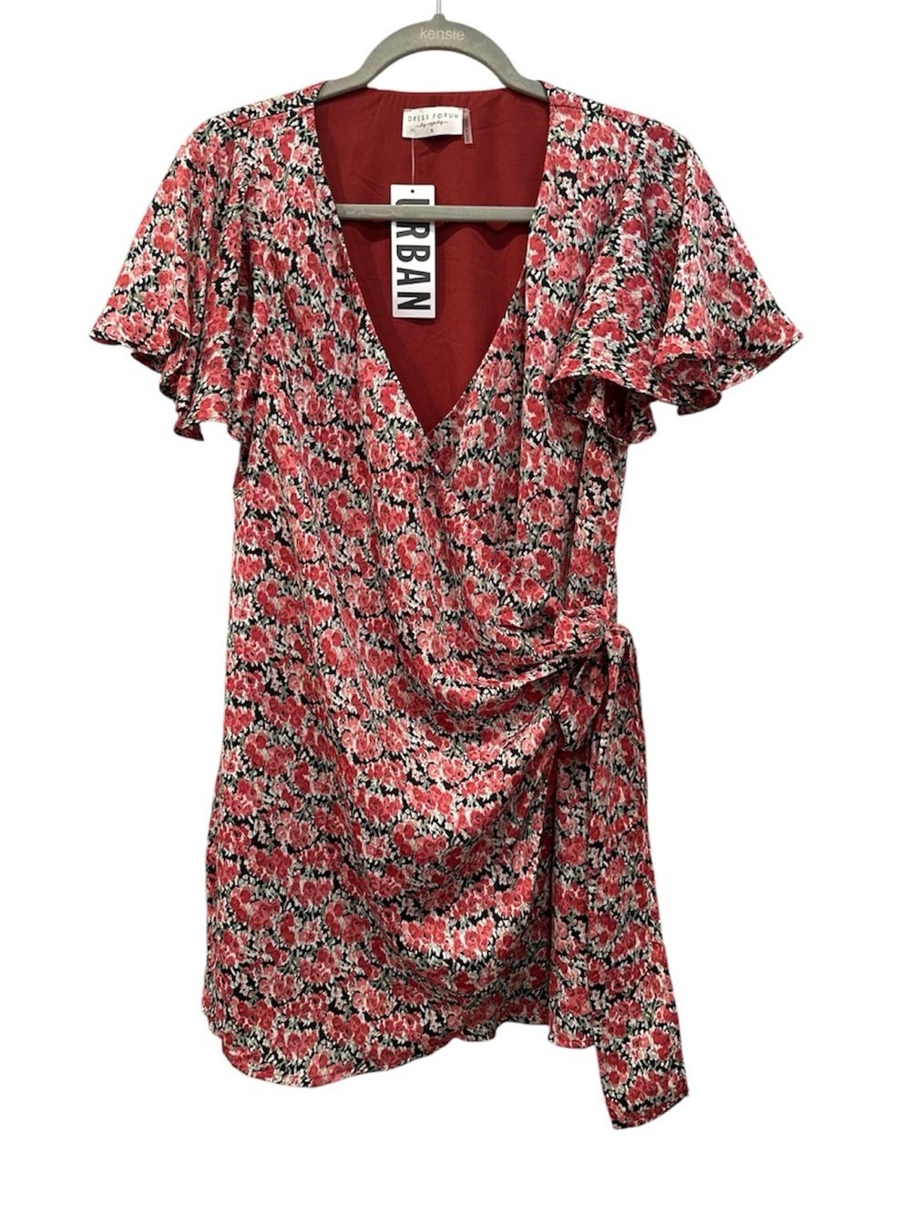 NWT Floral Wrap Dress V Neck Mini Dress Flutter Sleeves Side Tie Festival  Sz S